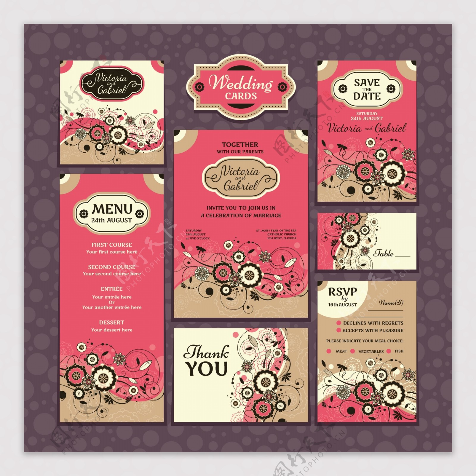 粉色植物婚礼卡片模板下载