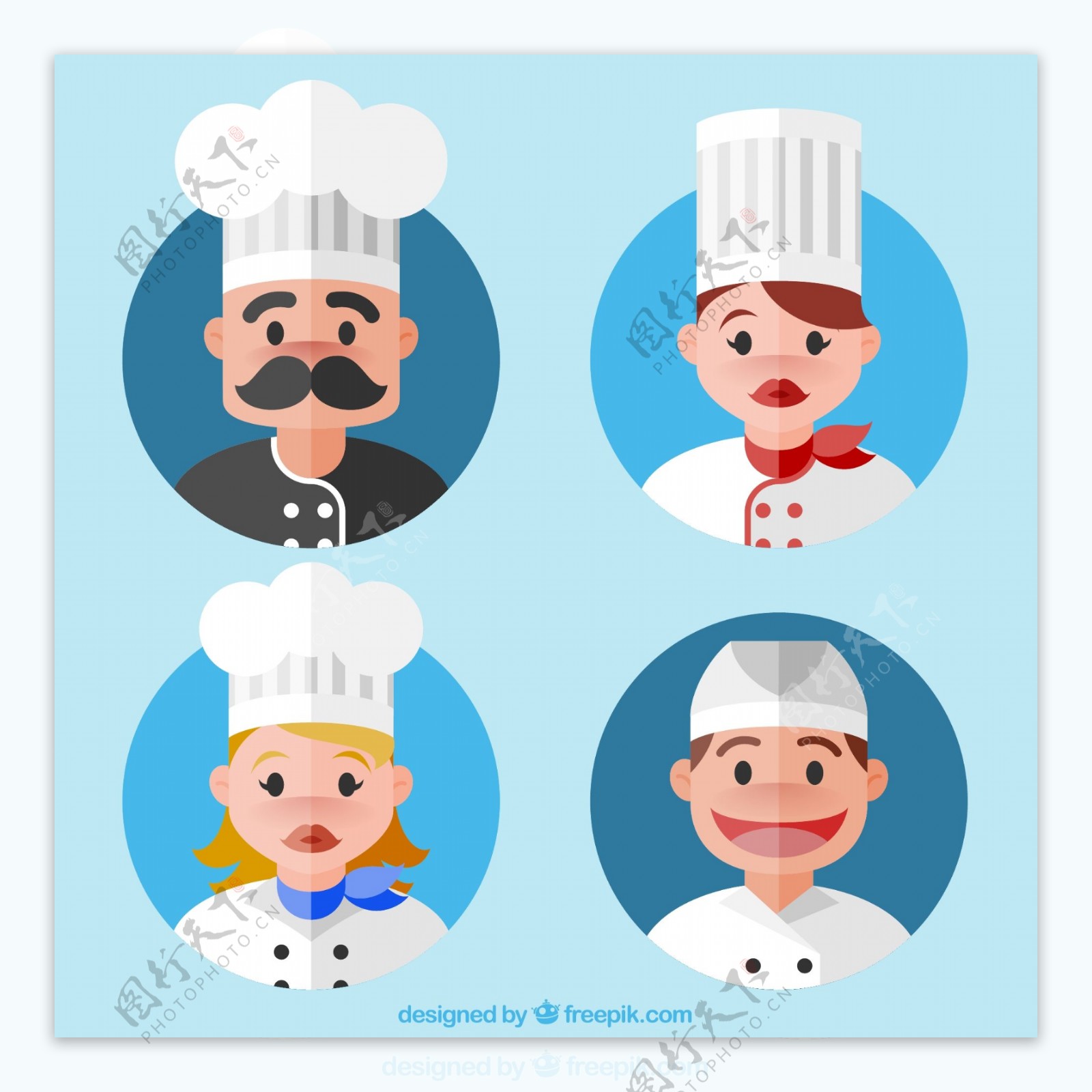 四个厨师角色插图圆形图标矢量素材