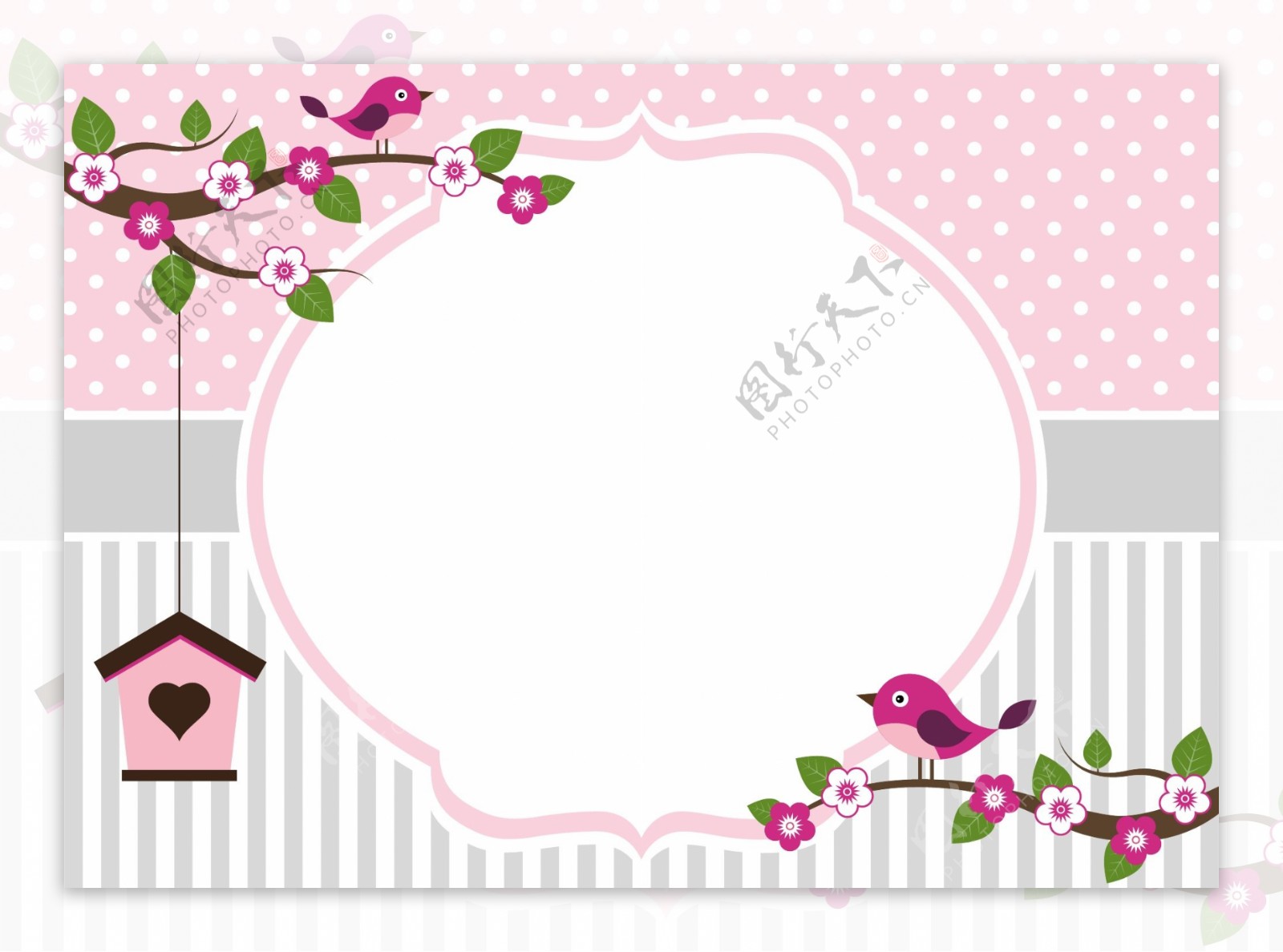 粉色植物花朵小鸟婚礼贺卡矢量素材