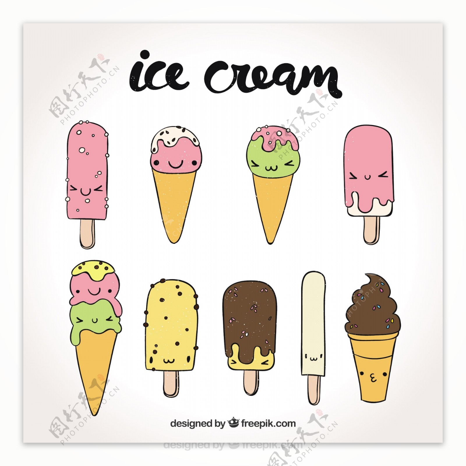 各种手绘线描风格冰淇淋雪糕图标