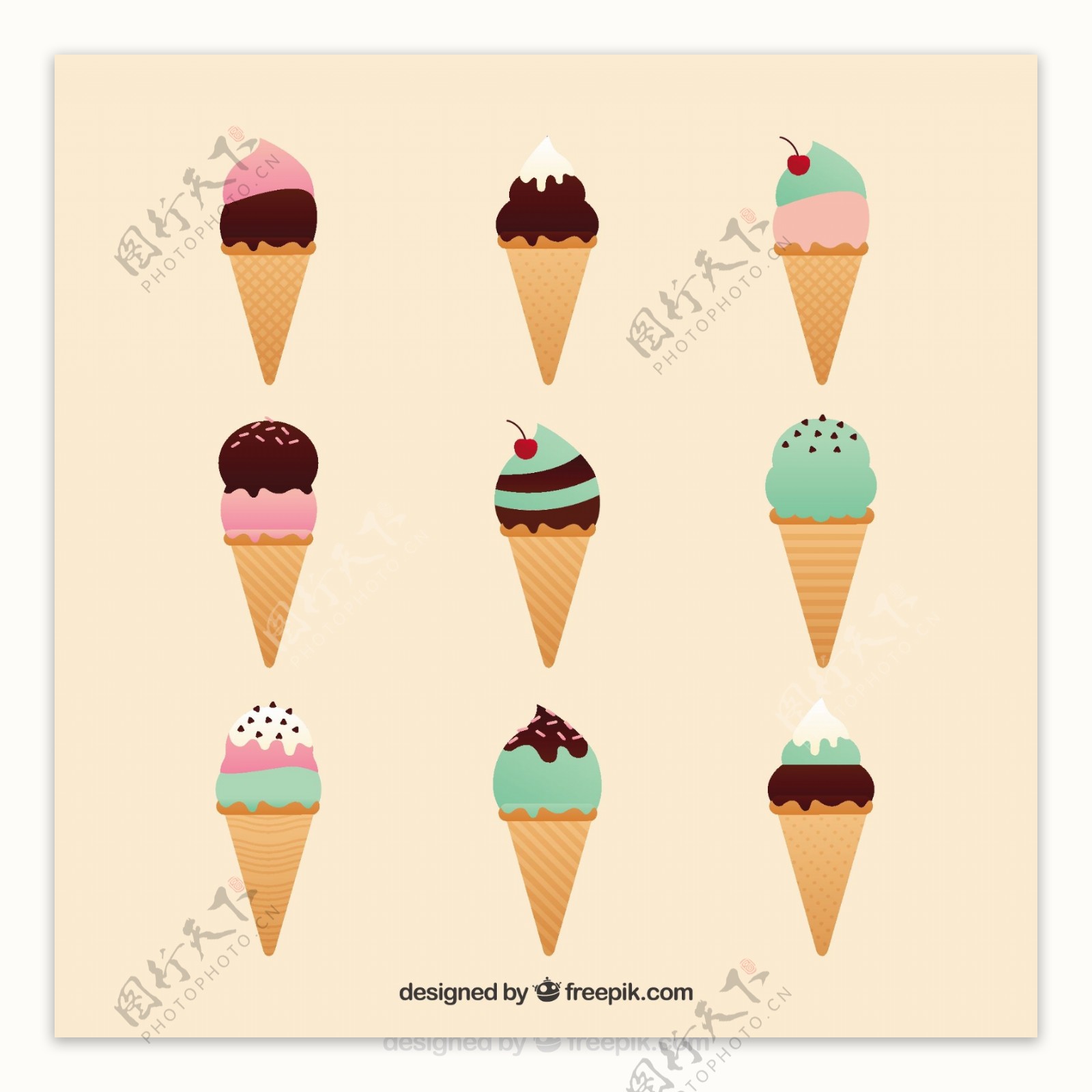 手绘彩色圆锥形冰淇淋冰激凌图标