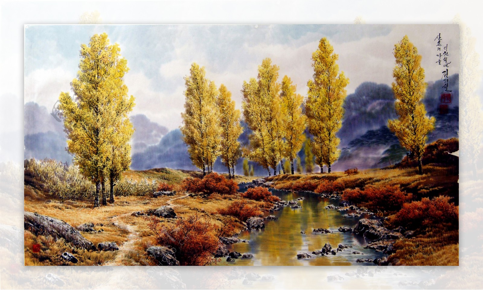 河流与树风景油画图片