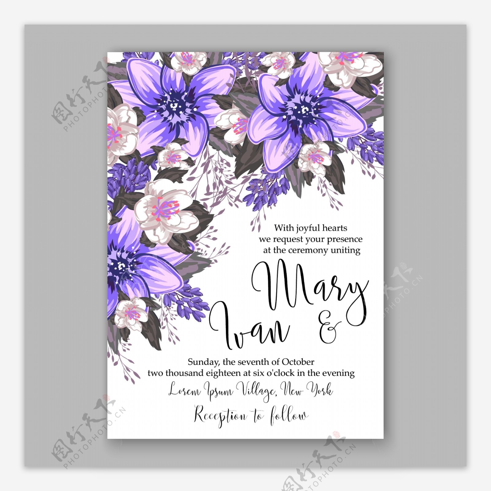 盛开的紫色花朵婚礼请贴模板下载