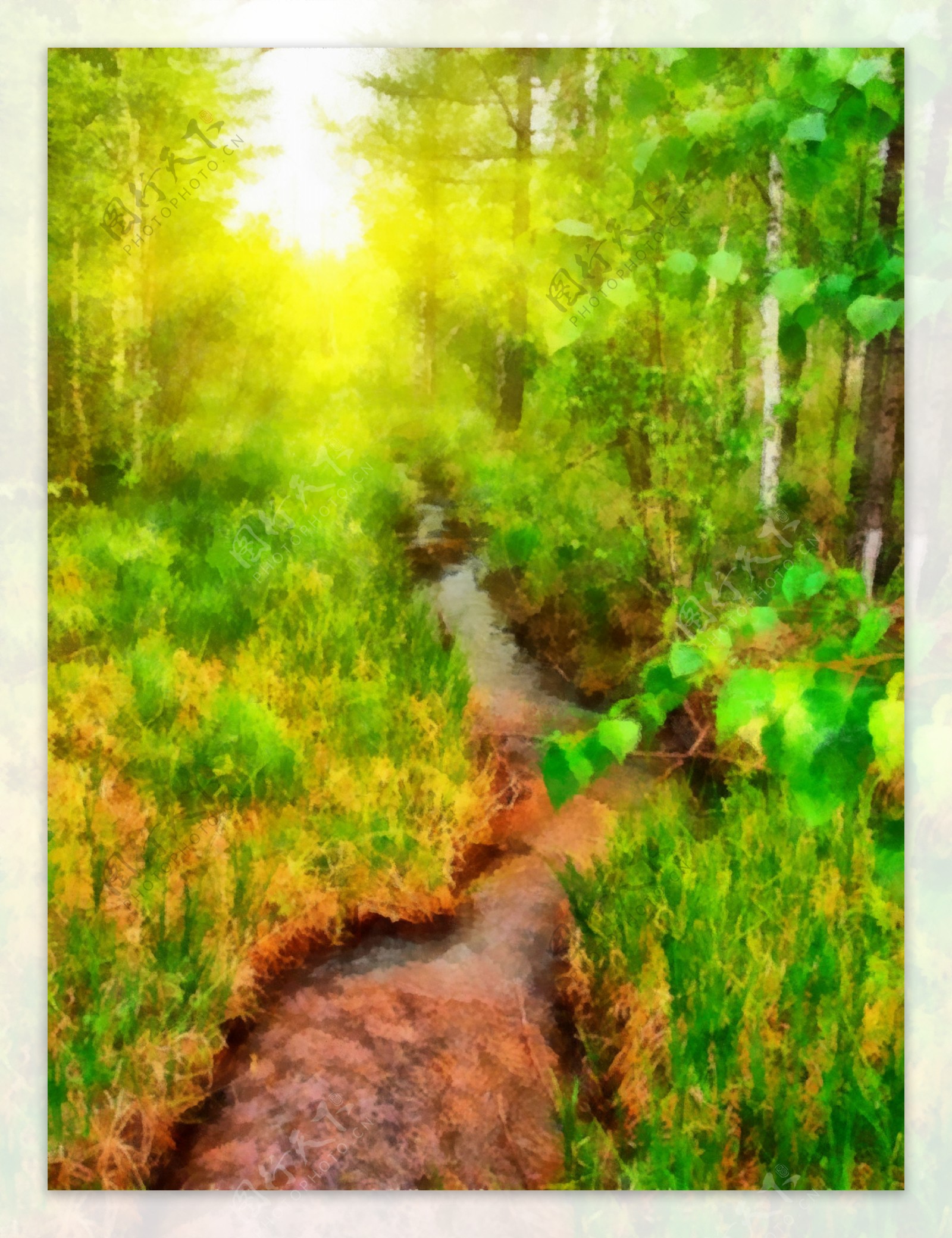 阳光下的树林油画图片