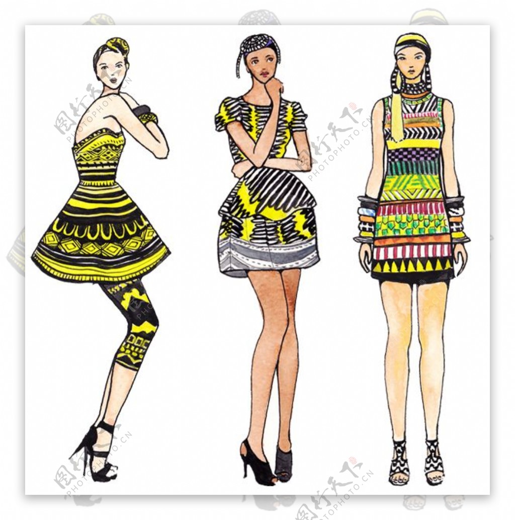 3款民族风连衣裙设计图