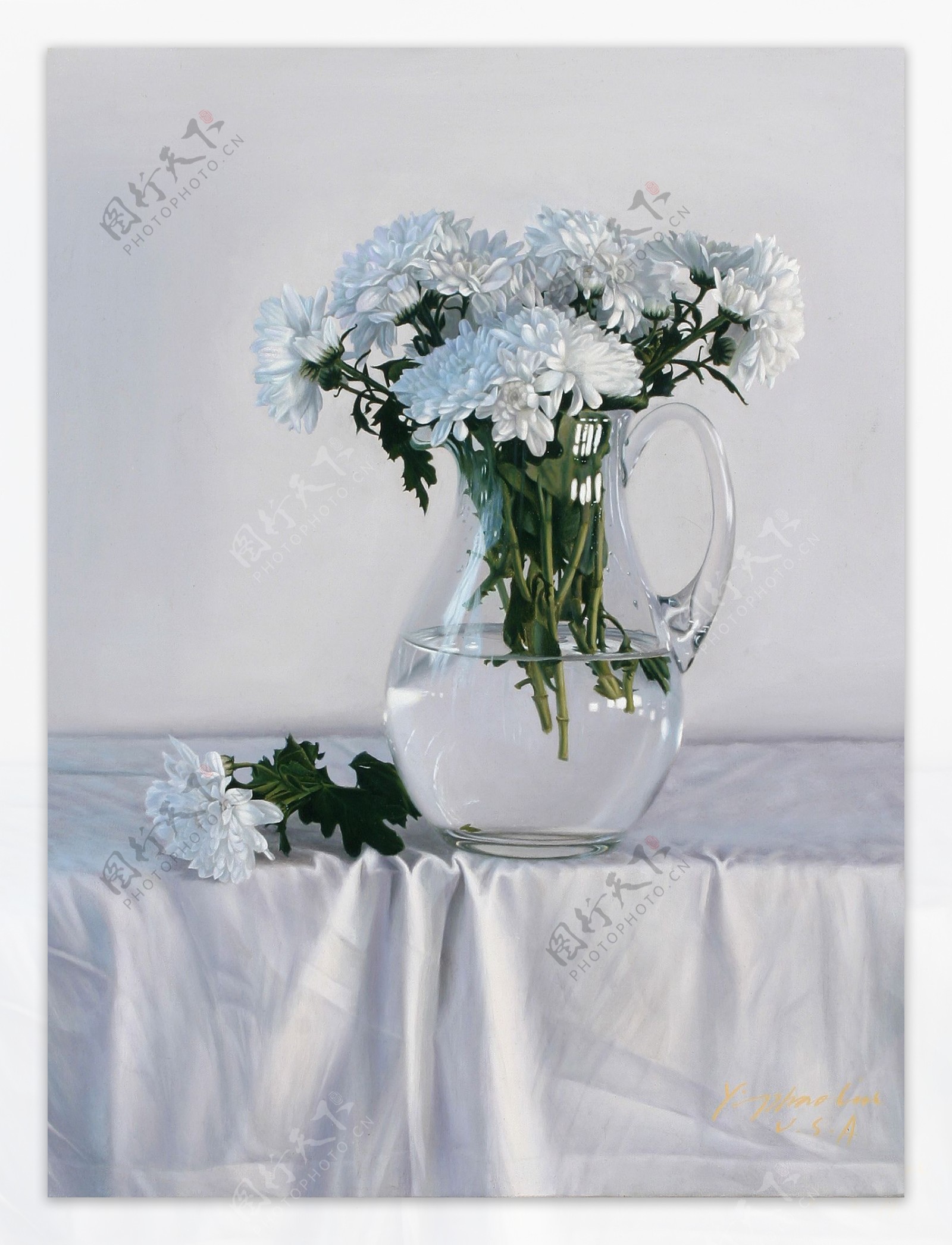 美丽鲜花玻璃花瓶静物油画图片