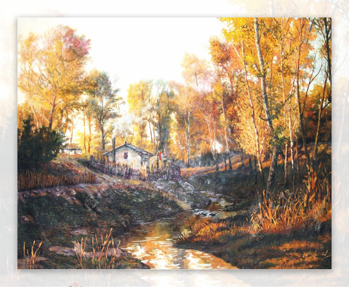 美丽秋天树林油画写生图片
