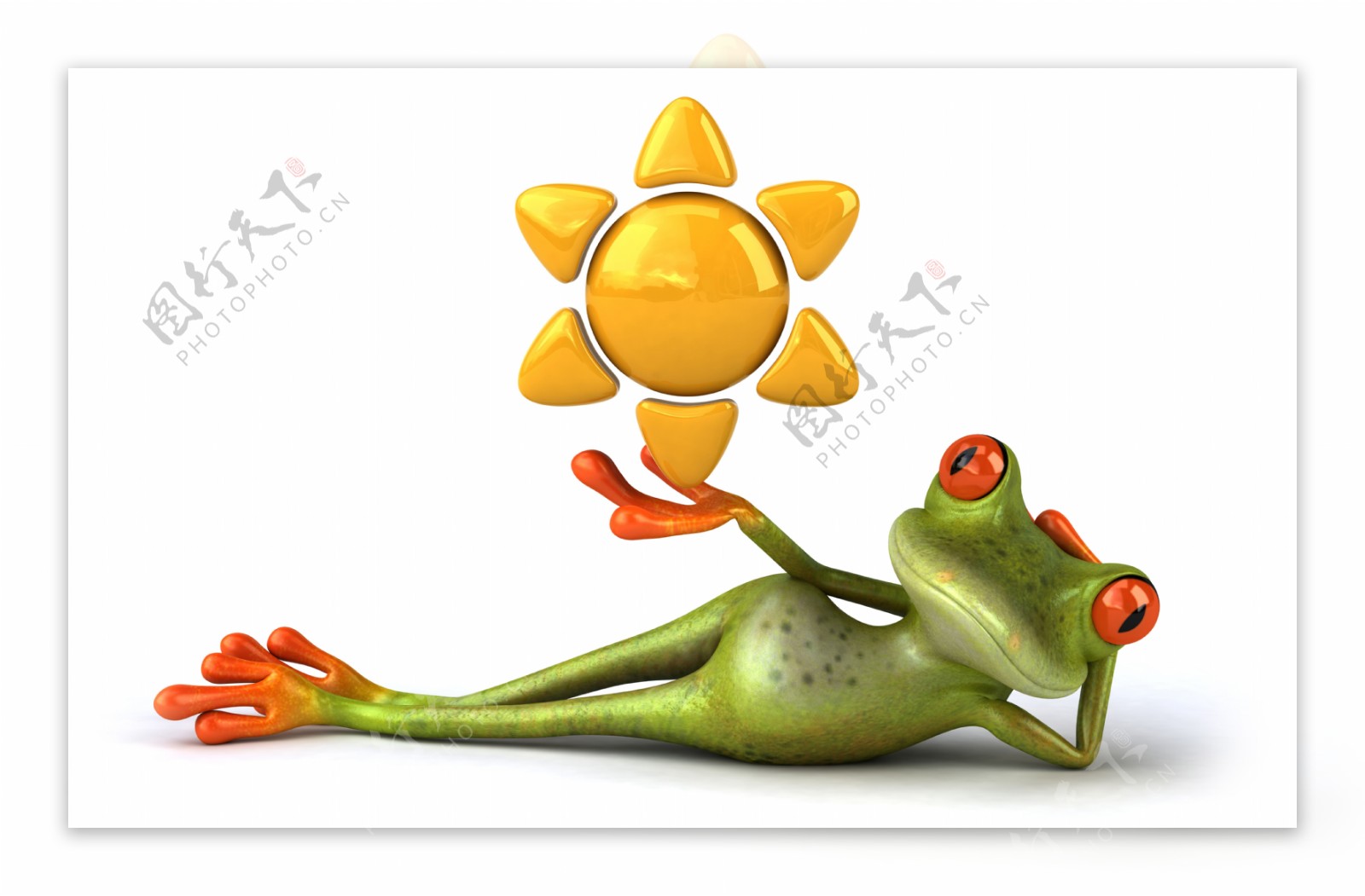 侧躺的3D青蛙与太阳图片