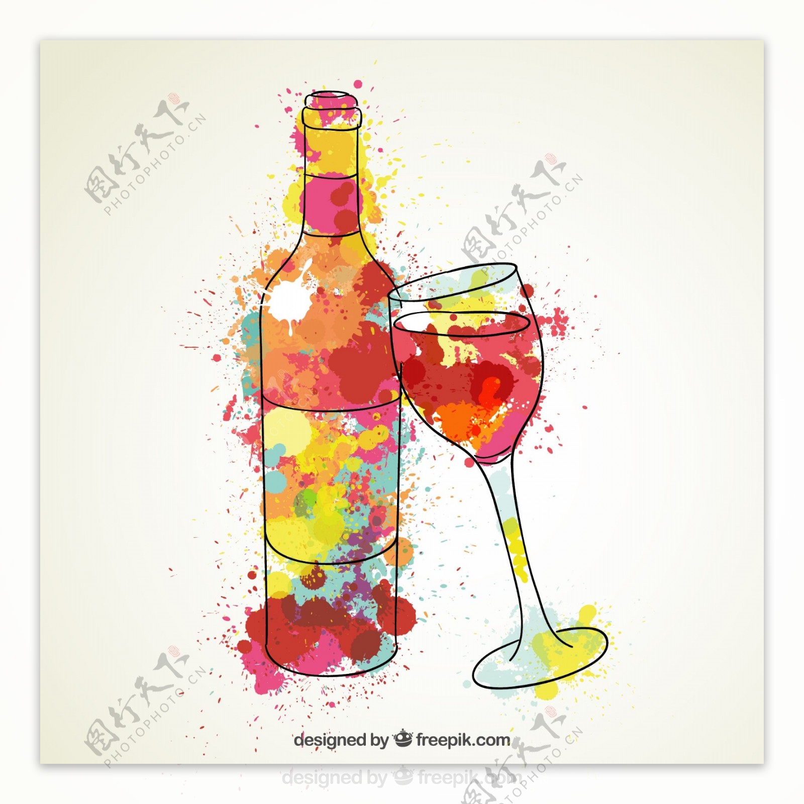 水彩绘葡萄酒和酒杯