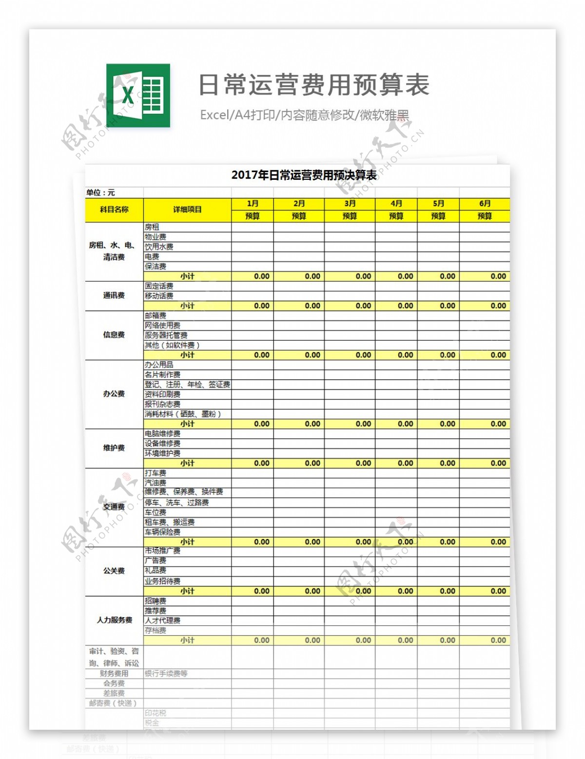 日常运营费用预算表Excel模板