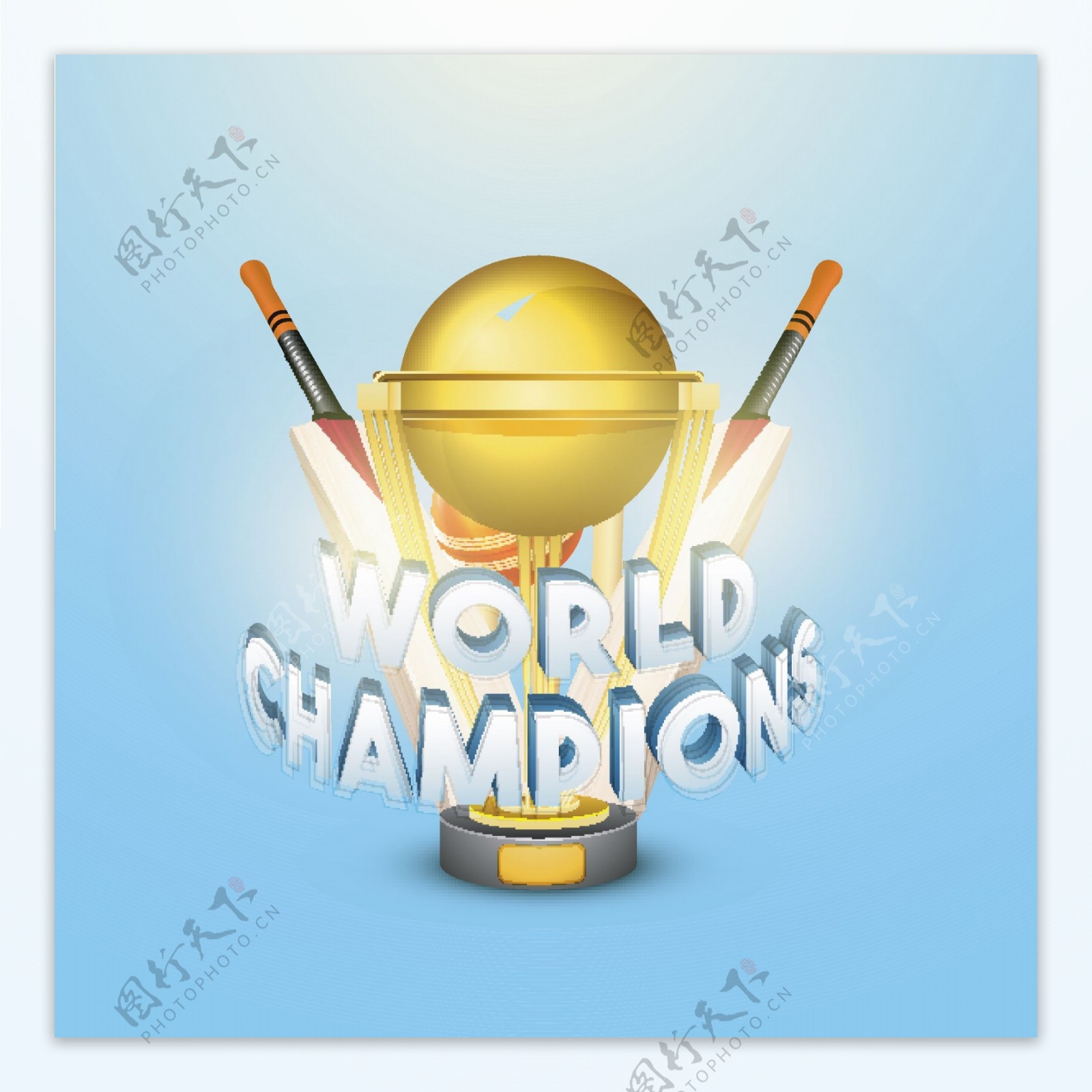 世界冠军文本设计与黄金奖杯蝙蝠和球在闪亮的天空蓝色背景的板球概念