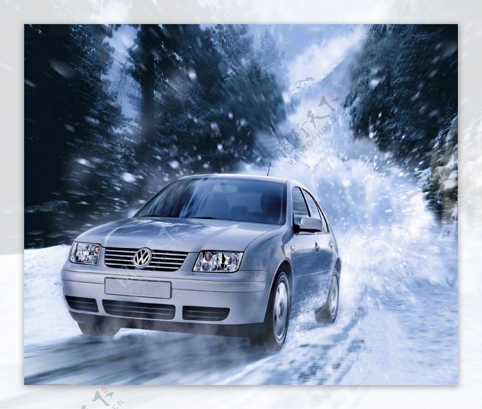 冬天雪景与大众轿车图片