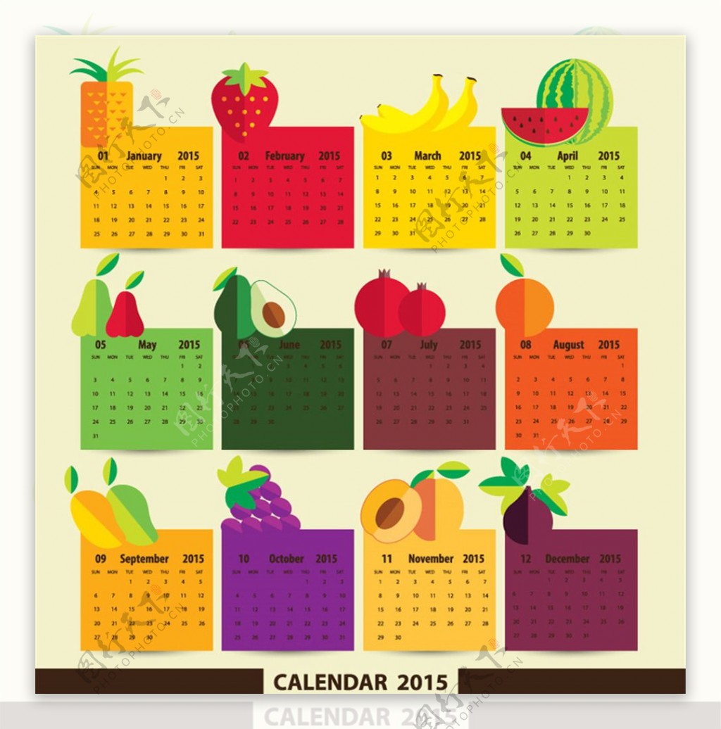 2015彩色水果标贴年历矢量素