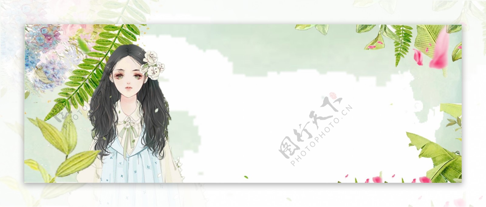 夏日女孩手绘水彩花卉海报背景