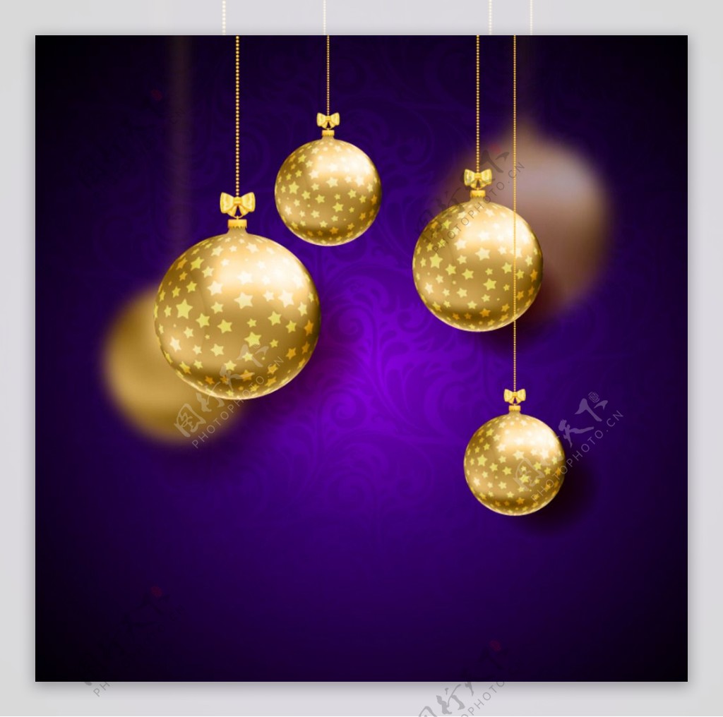金色圣诞吊球紫底背景矢量