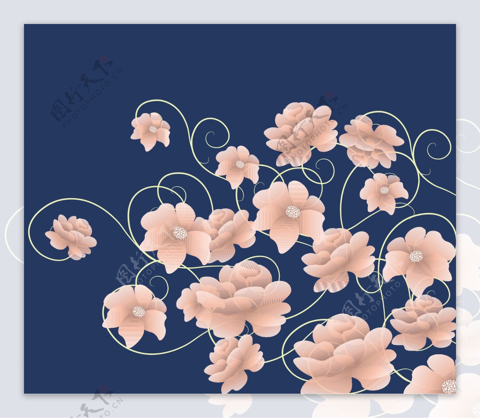 粉红色花朵装饰图案蓝色背景