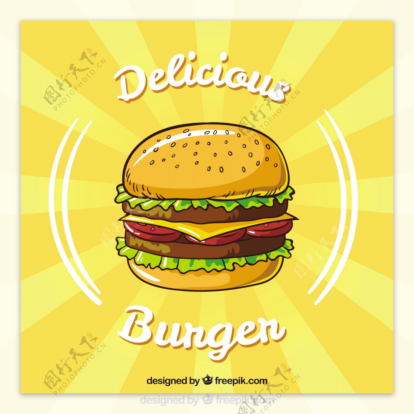 黄色背景美味汉堡平面设计素材