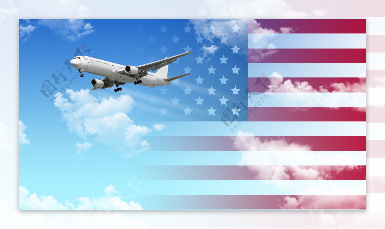 飞翔的飞机与美国国旗图片