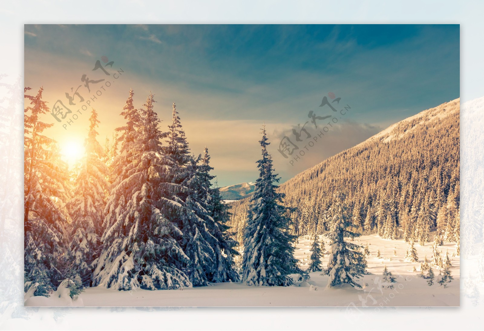 日落风景与雪山景色图片