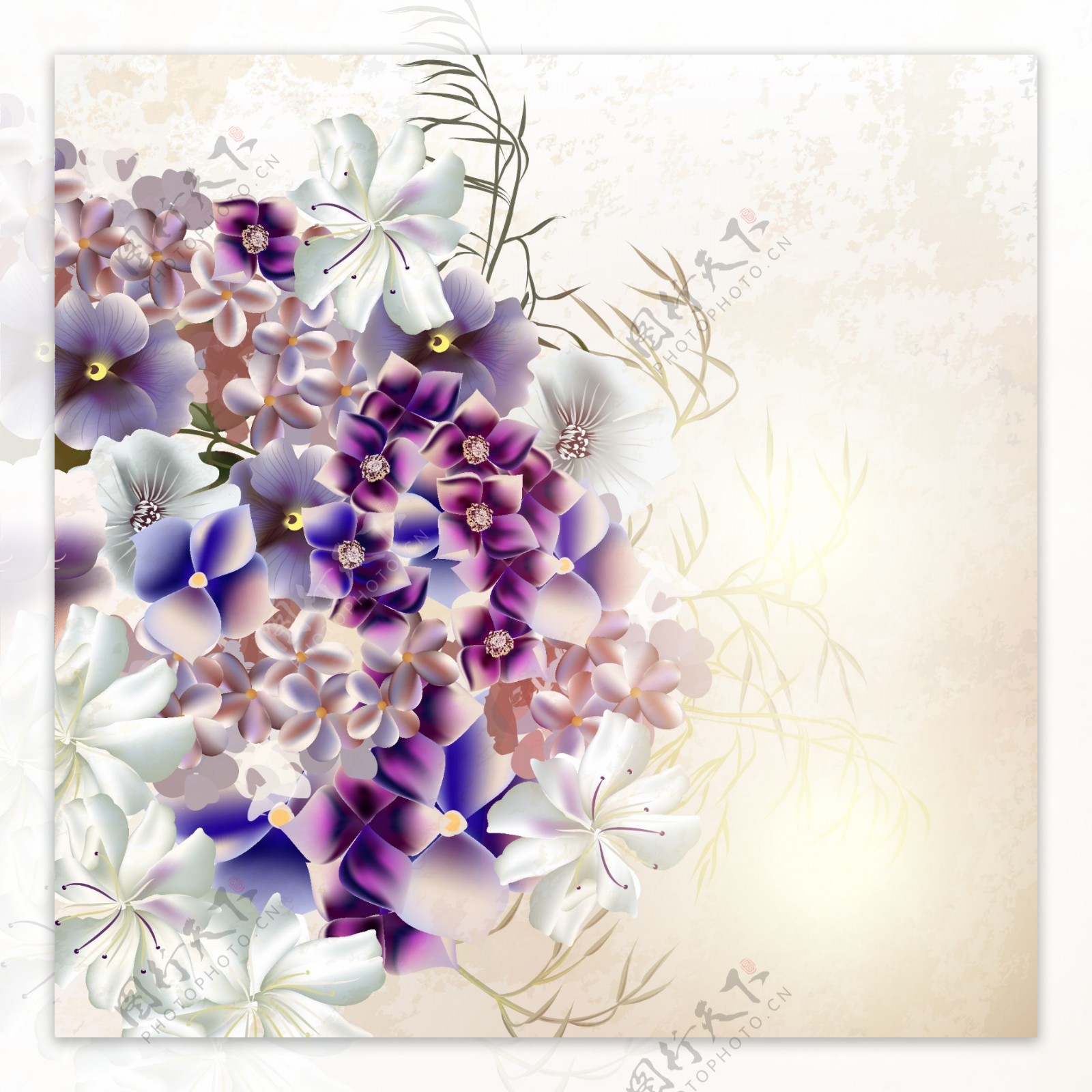 复古紫色花朵背景矢量素材下载