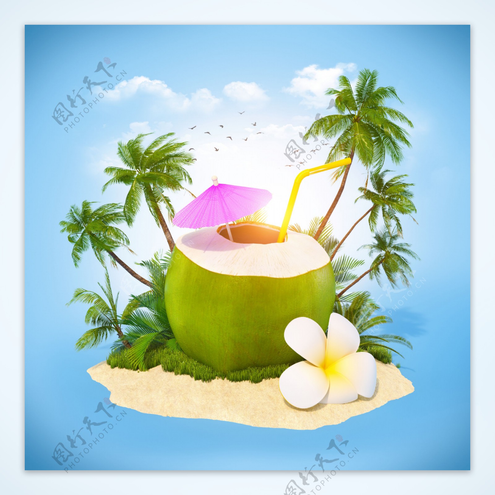 沙滩上的椰子饮料度假背景图片