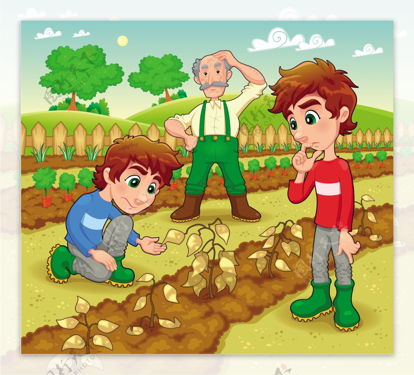 查看植物的农民卡通画