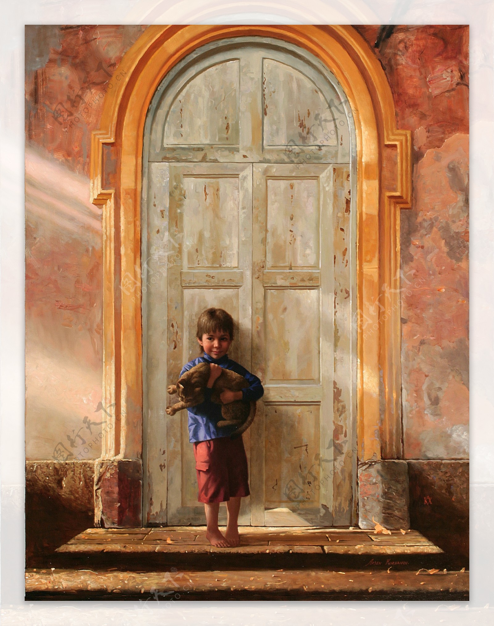 大门前抱着小狗的小男孩油画图片