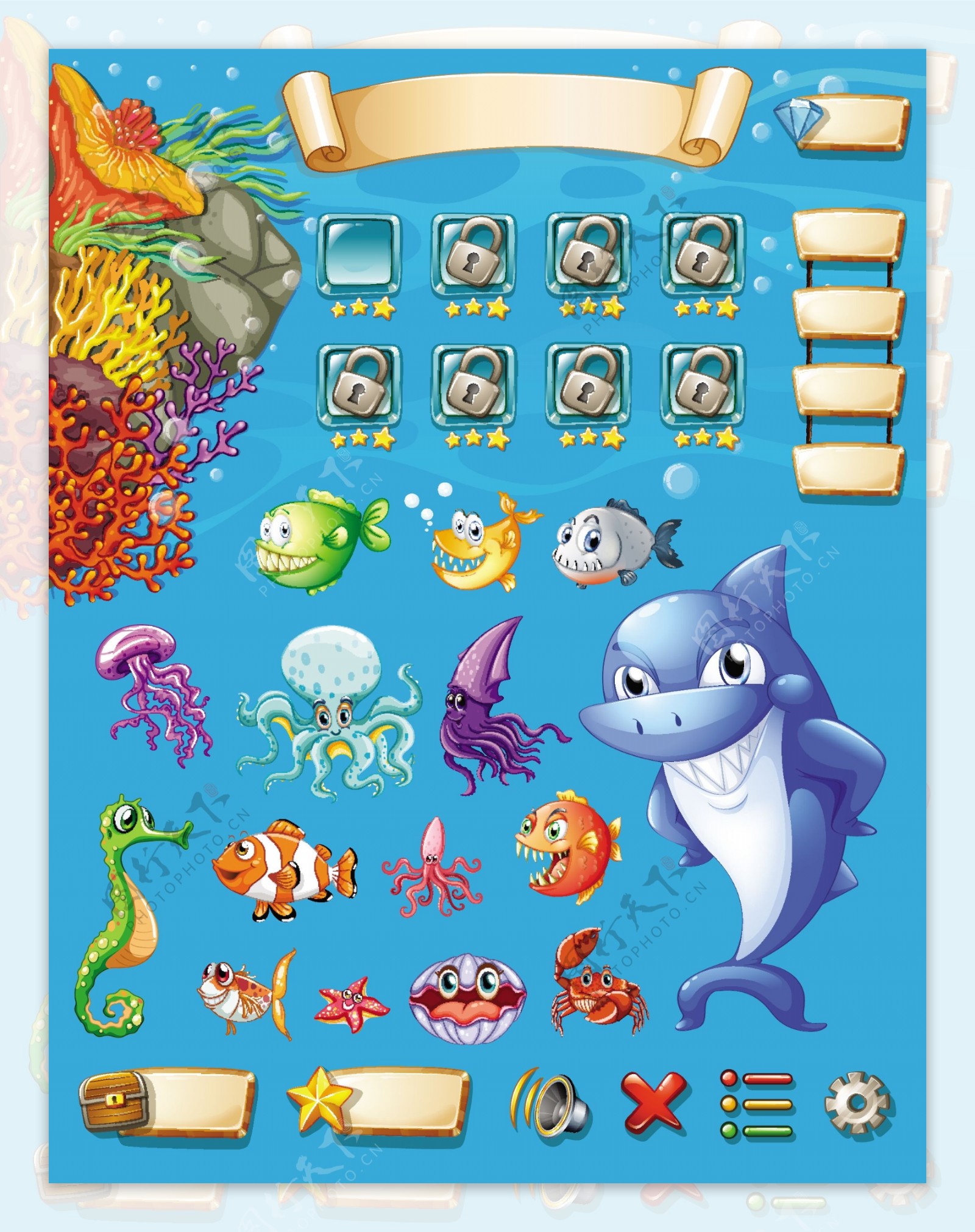 游戏模板与海洋动物背景插图