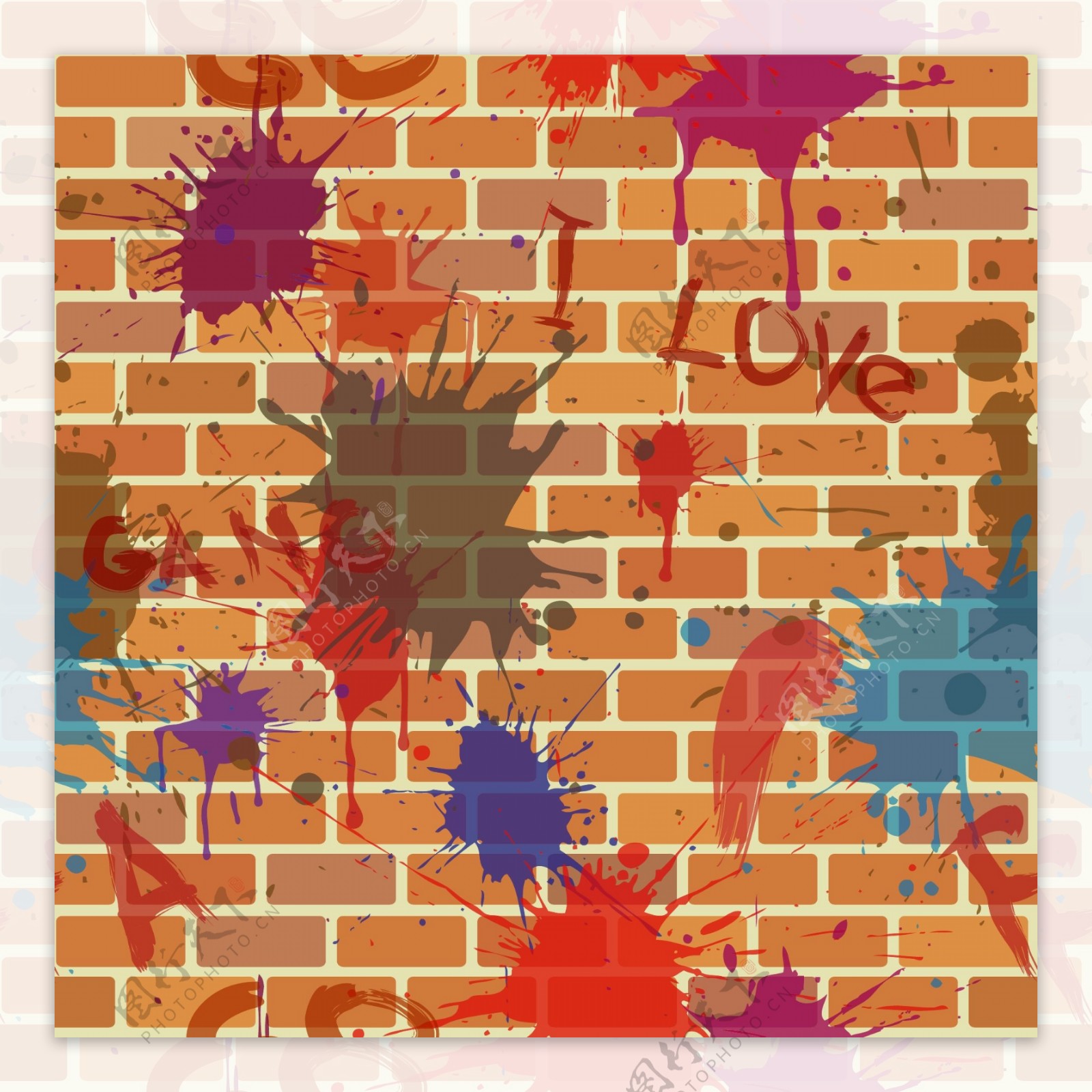 水墨彩色涂鸦砖块墙面矢量花型花纹素材
