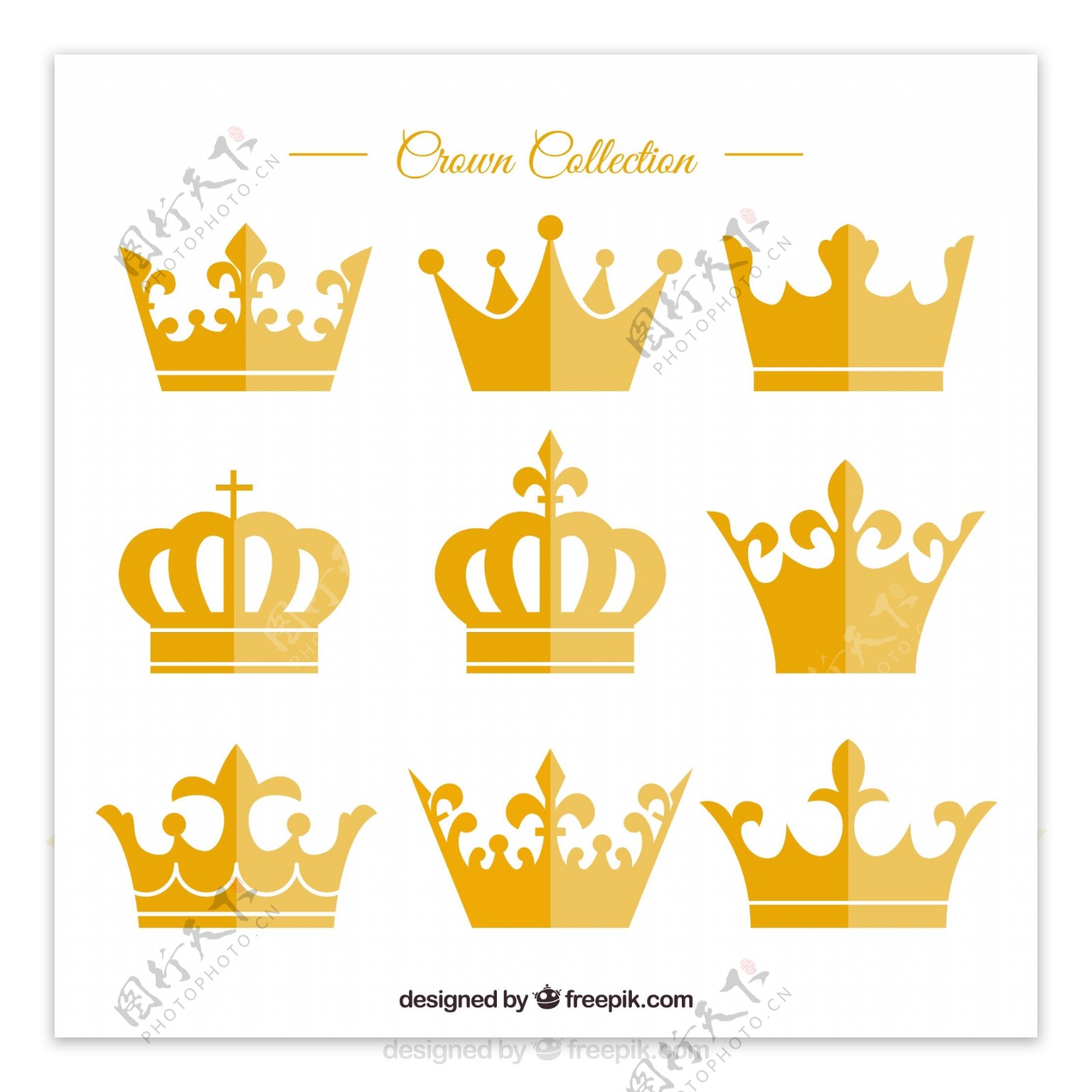 各种扁平风格金色皇冠图标