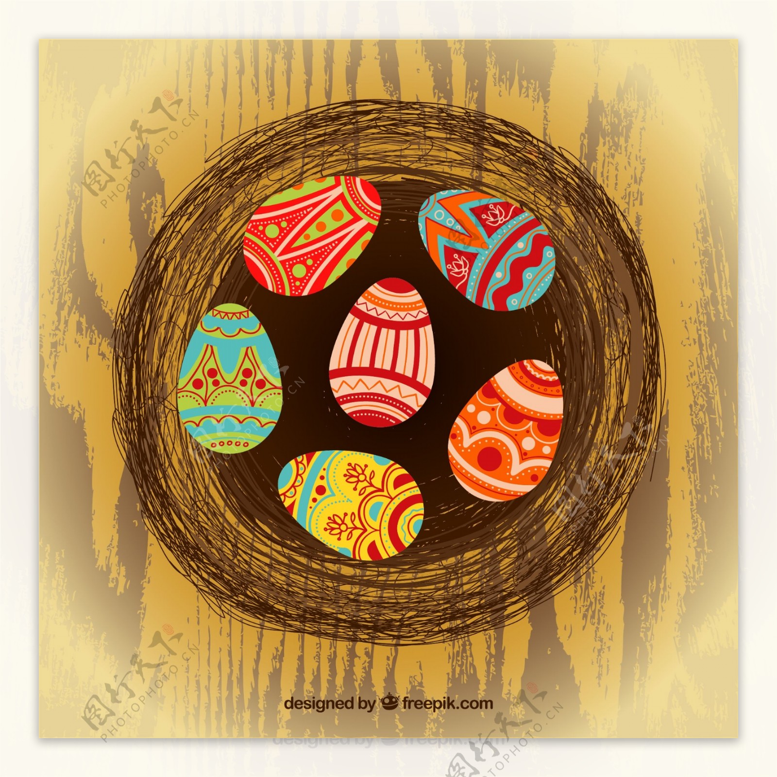 鸟巢里的复活节花纹彩蛋矢量素材