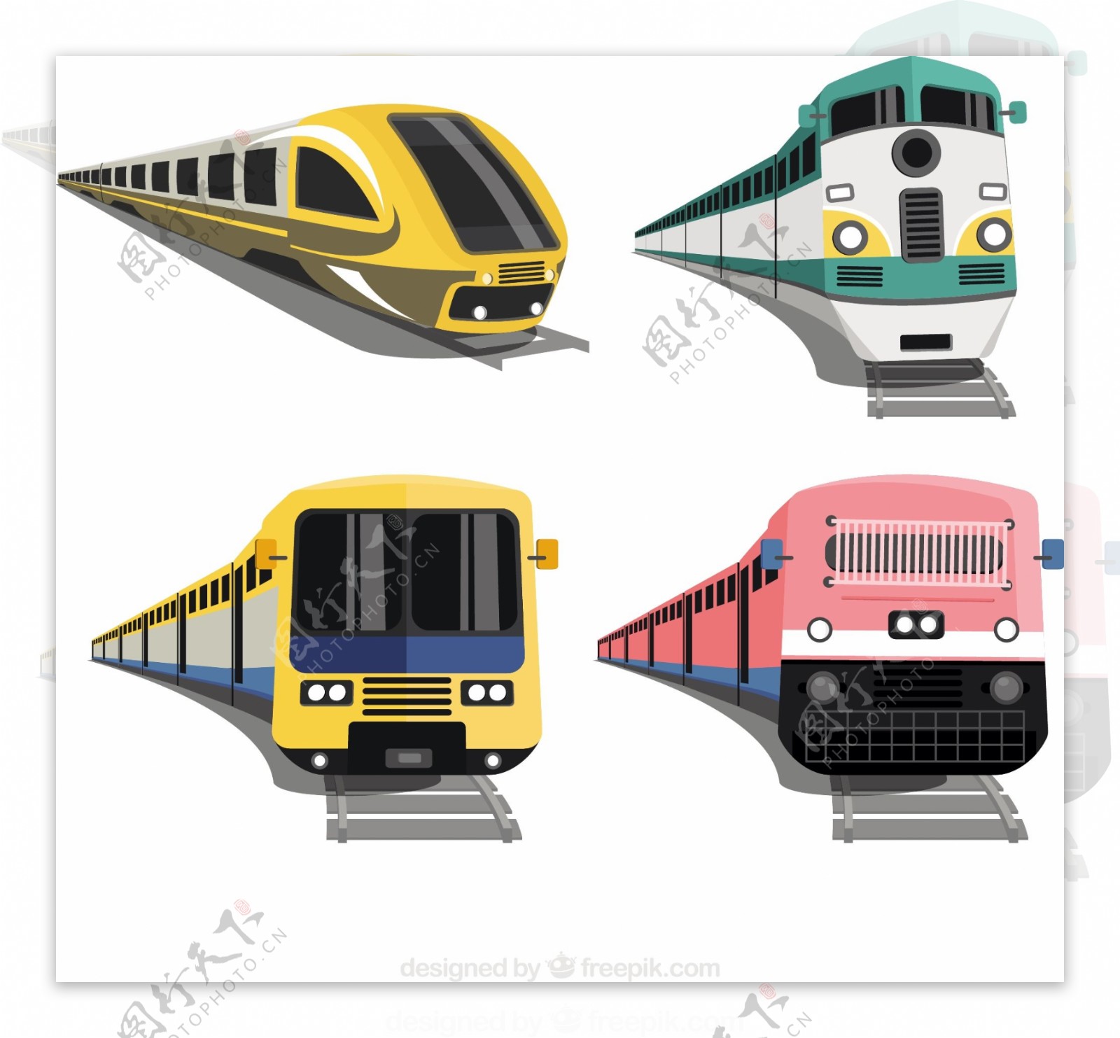 手绘四个现代火车图标