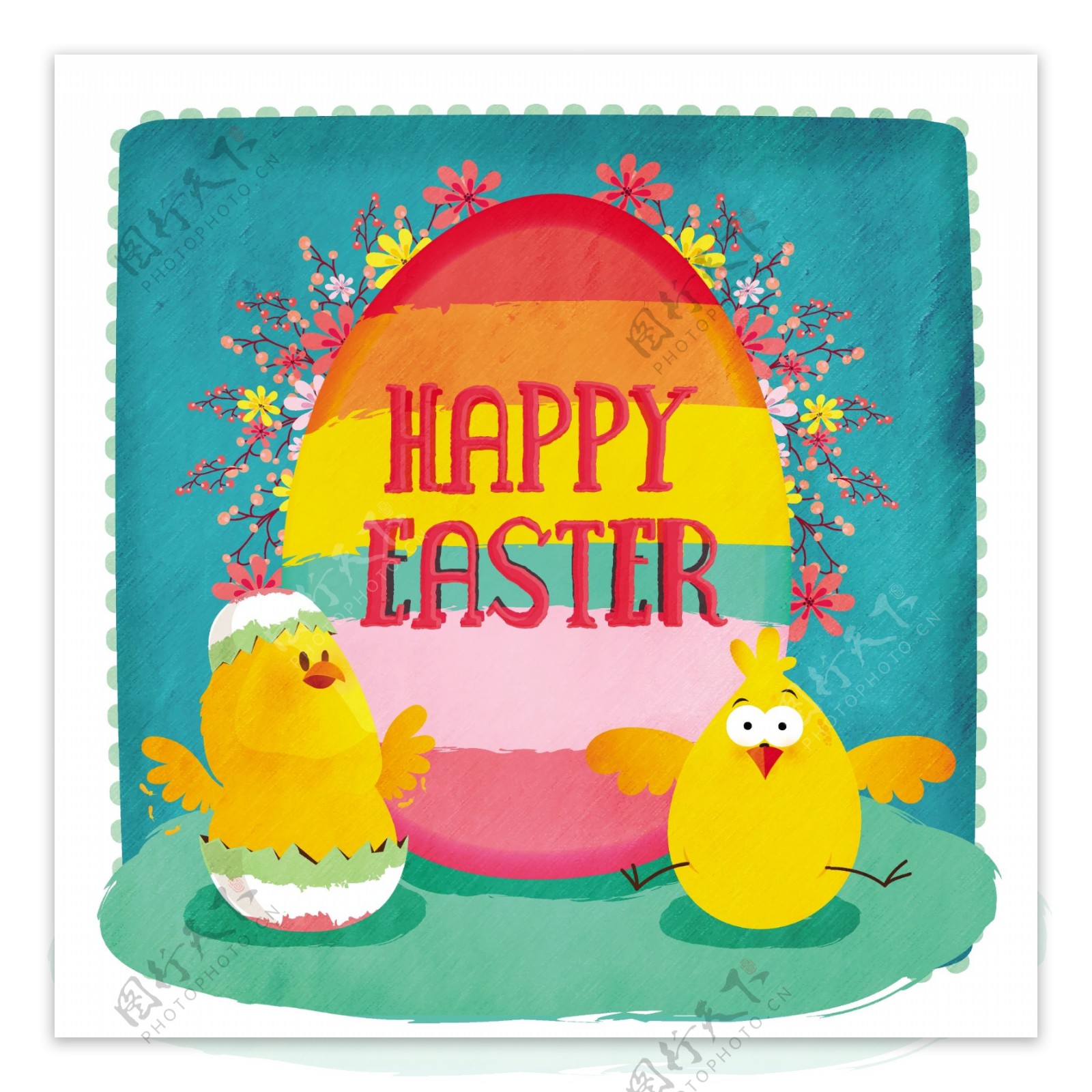 复活节背景与两个小鸡和彩色蛋