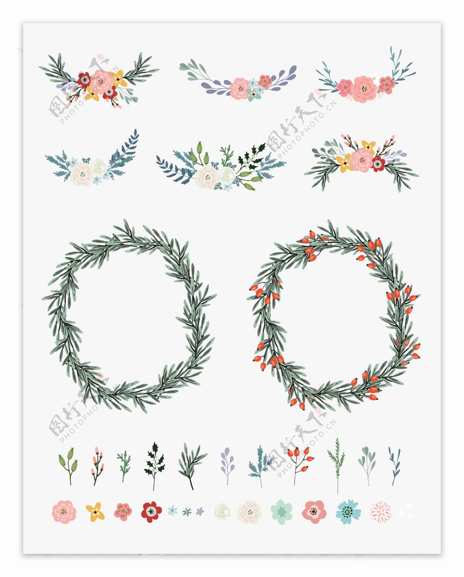 婚礼花环花朵水彩植物装饰矢量素材