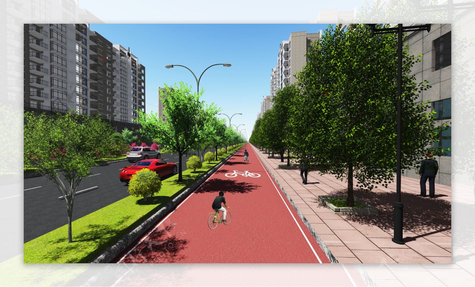 道路慢行系统自行车道效果图图片