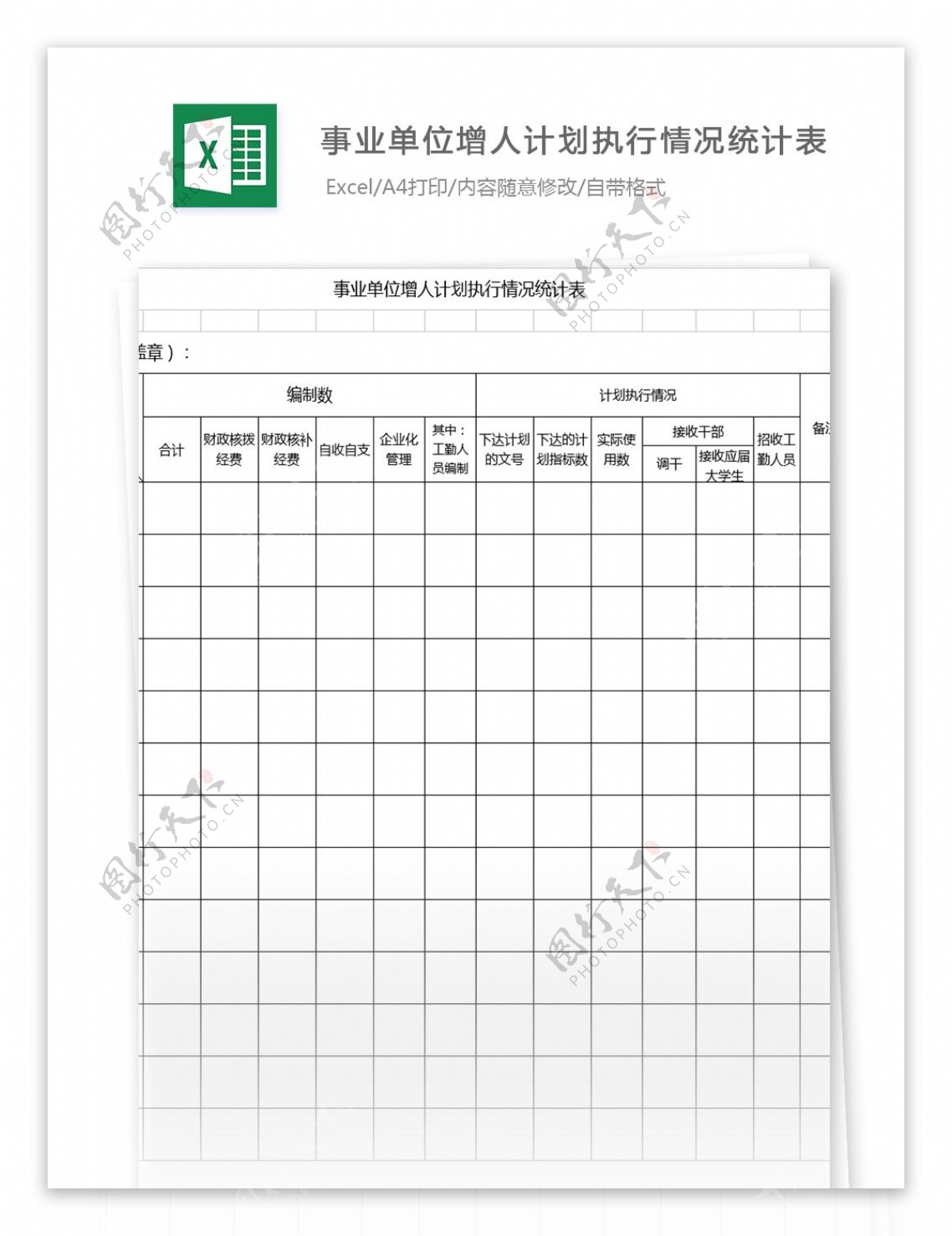 事业单位增人计划执行情况统计表格