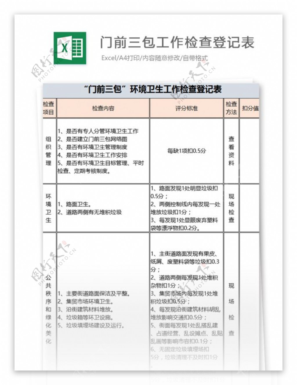 门前三包工作检查登记表excel模板