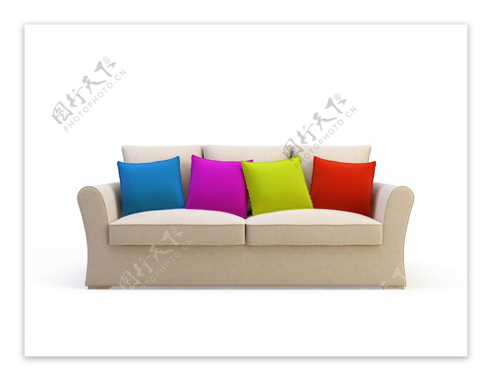 米色沙发与彩色抱枕图片