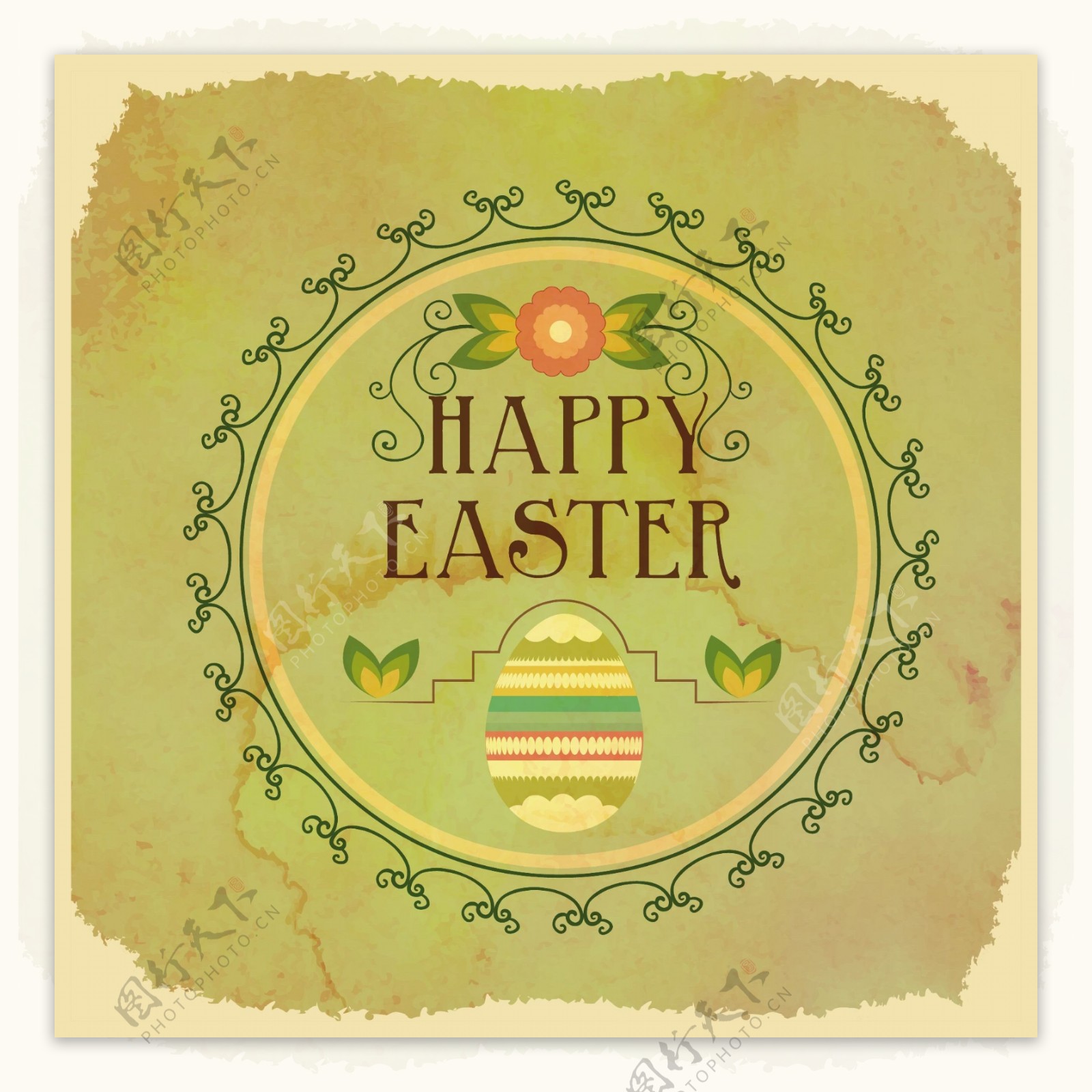 旧货复活节插图与框架鸡蛋和鲜花