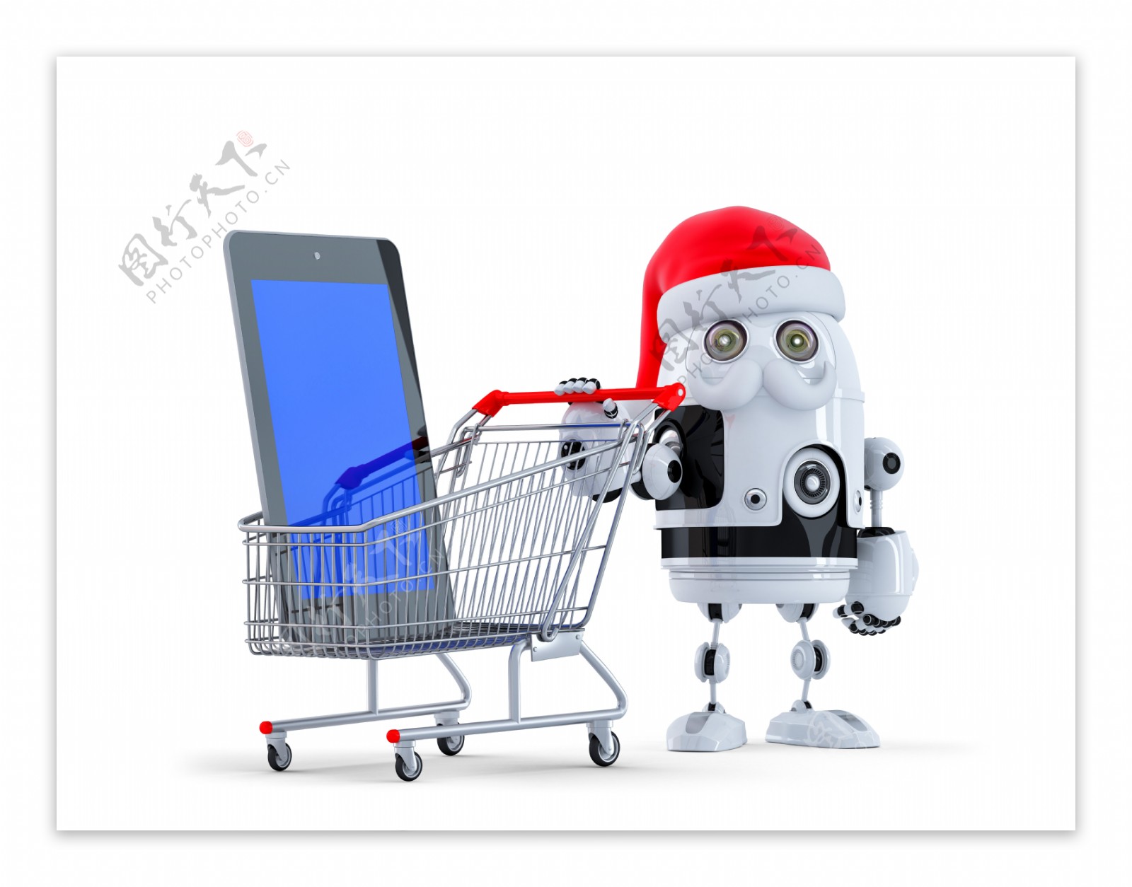 平板电脑和机器人的圣诞购物车
