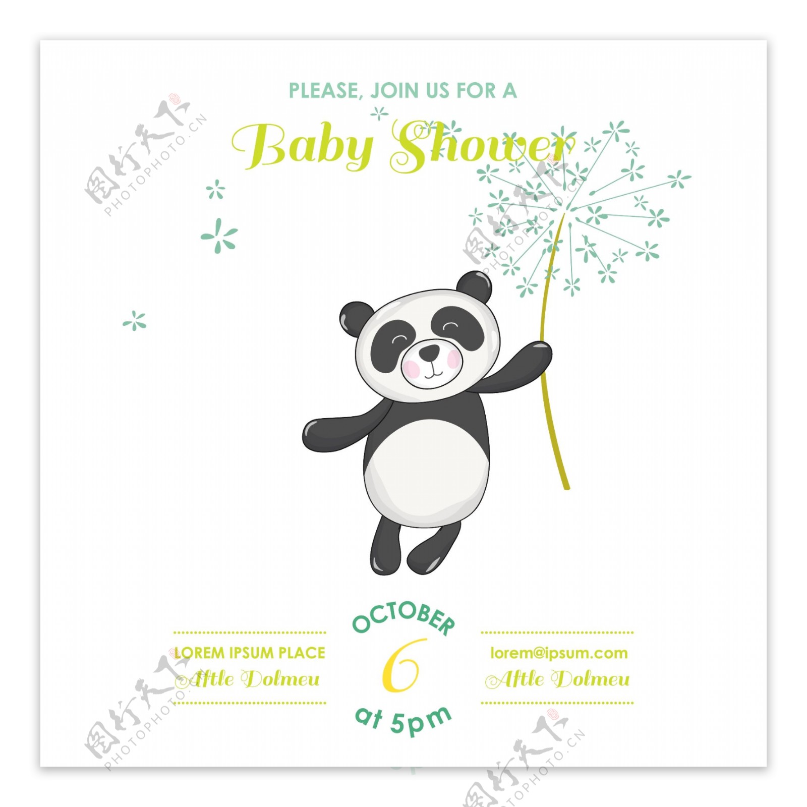飞行婴儿洗礼卡通熊猫邀请卡片矢量素材