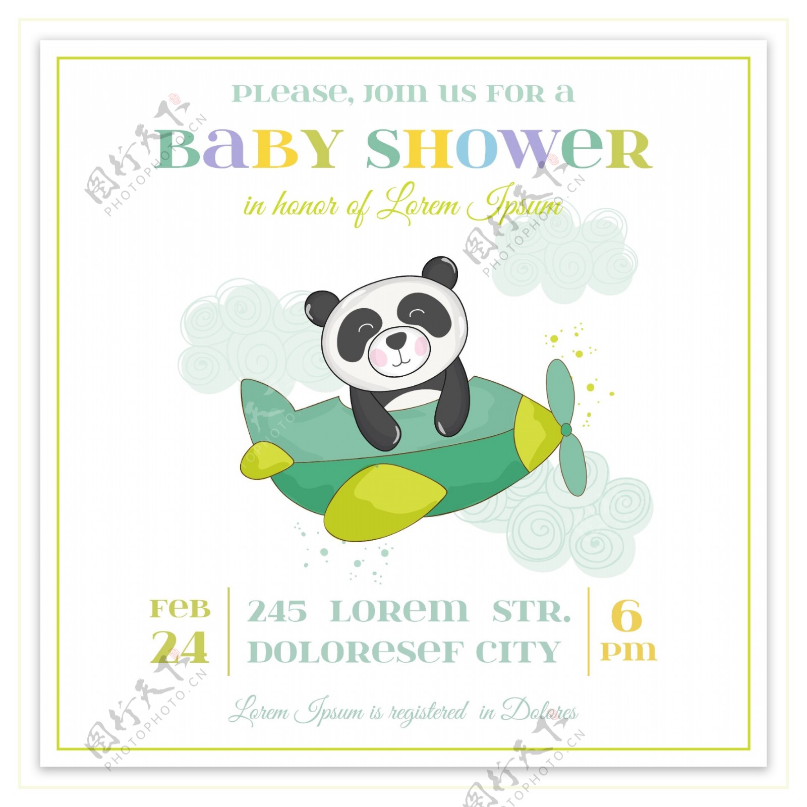 飞机婴儿洗礼卡通熊猫邀请卡片矢量素材