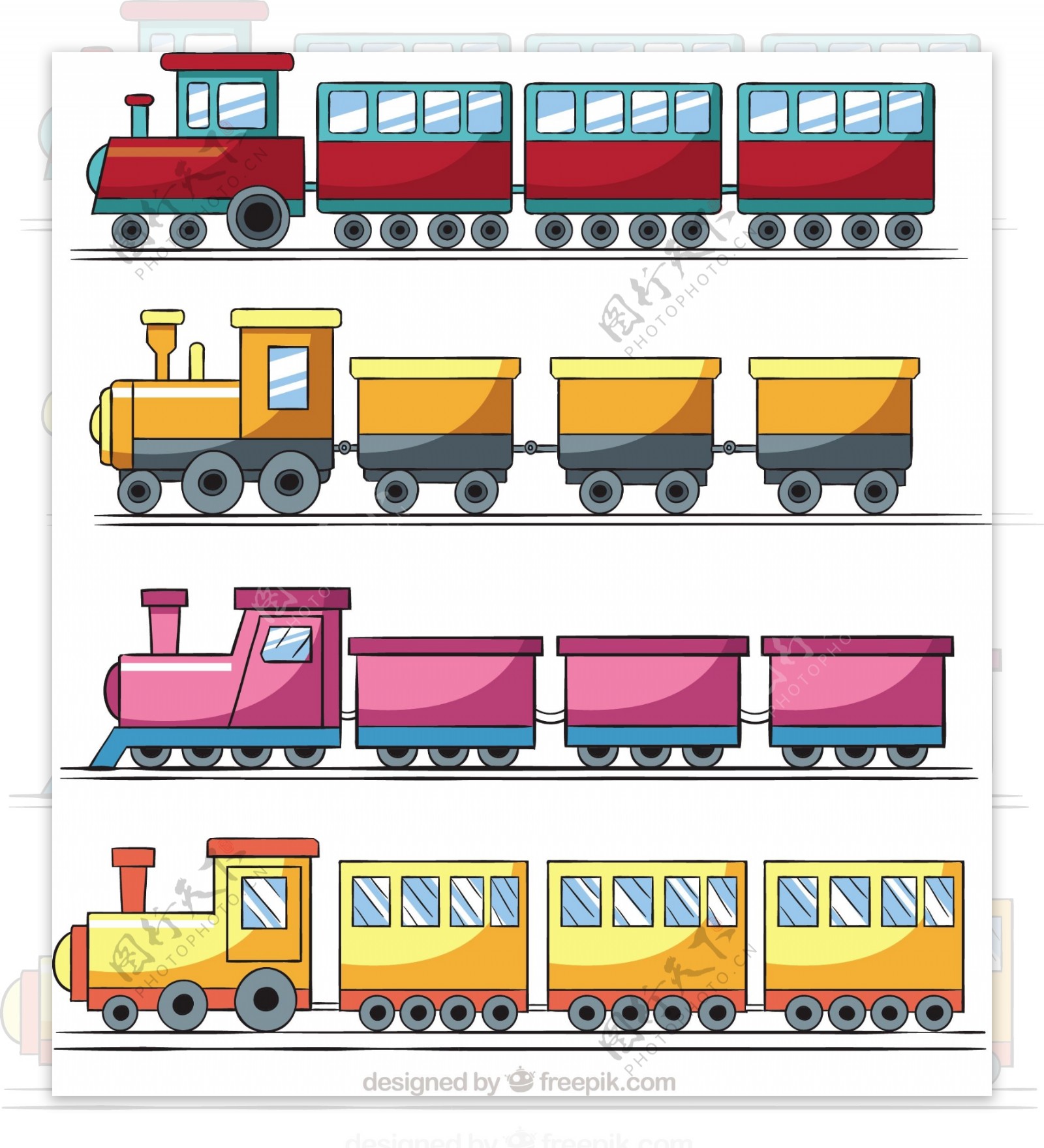 手绘四种玩具火车矢量插画