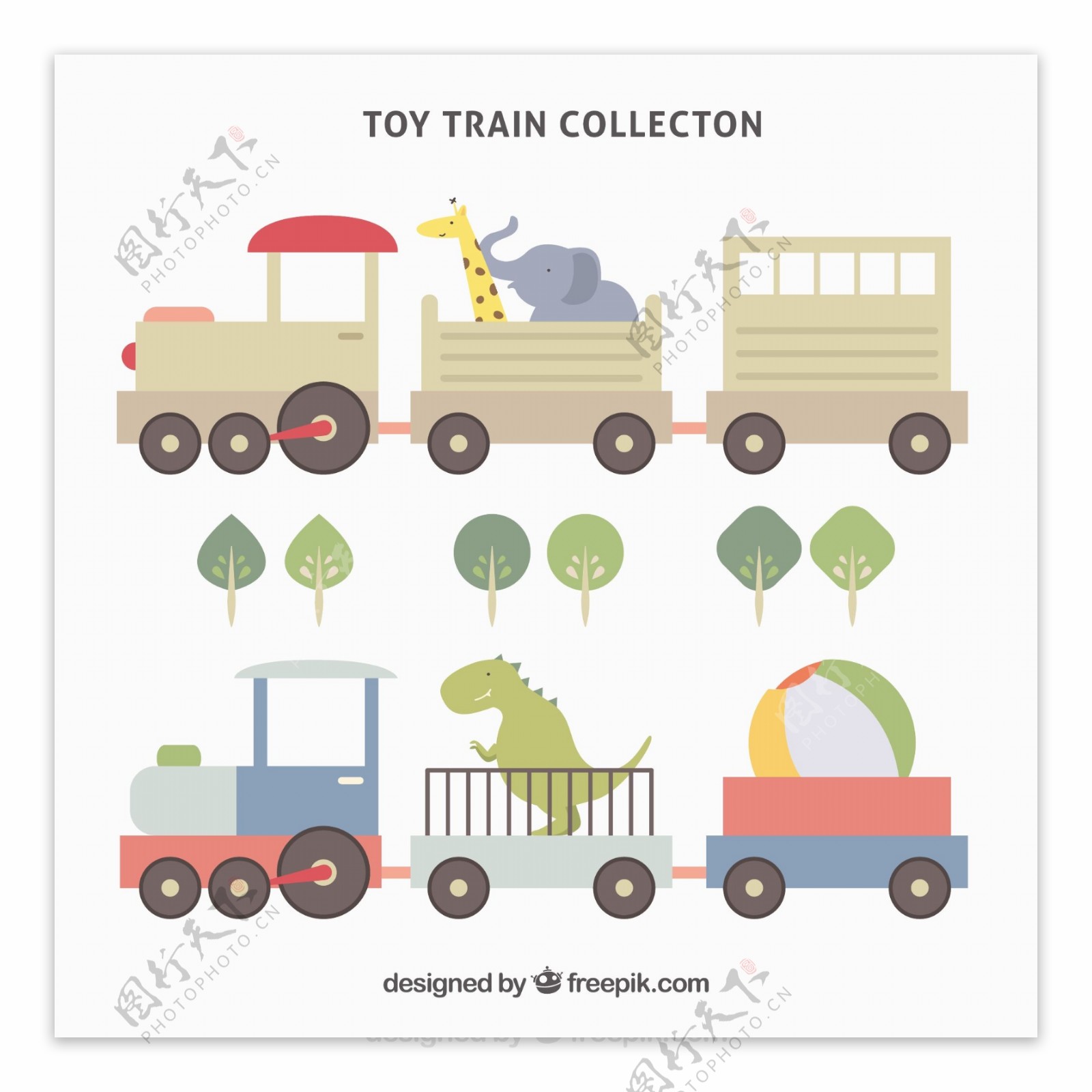 手绘彩色卡通玩具火车插图