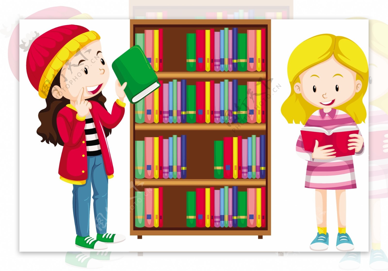 两个女孩在图书馆看书插图