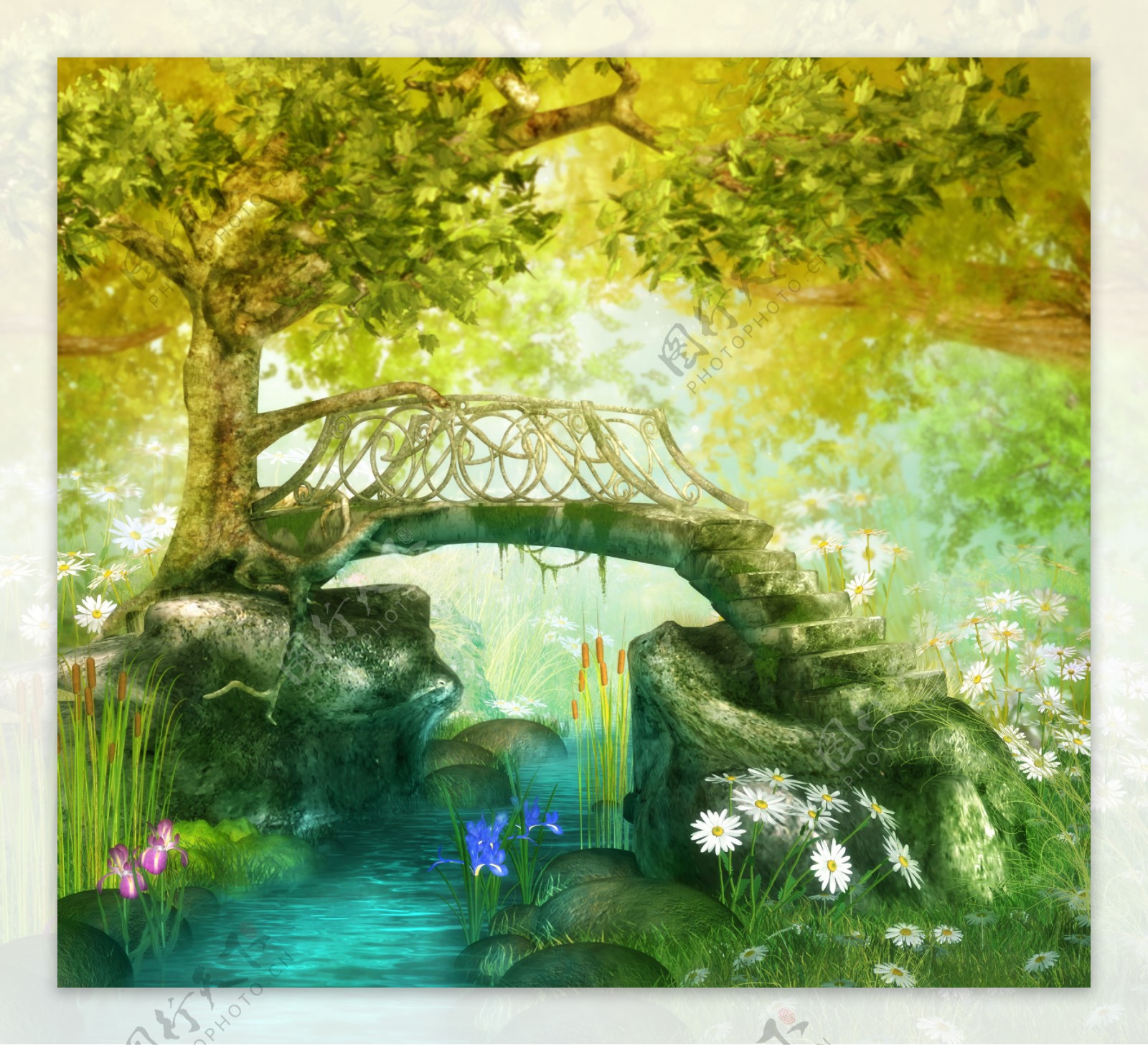 森林溪流上的石桥梦幻背景墙装饰画
