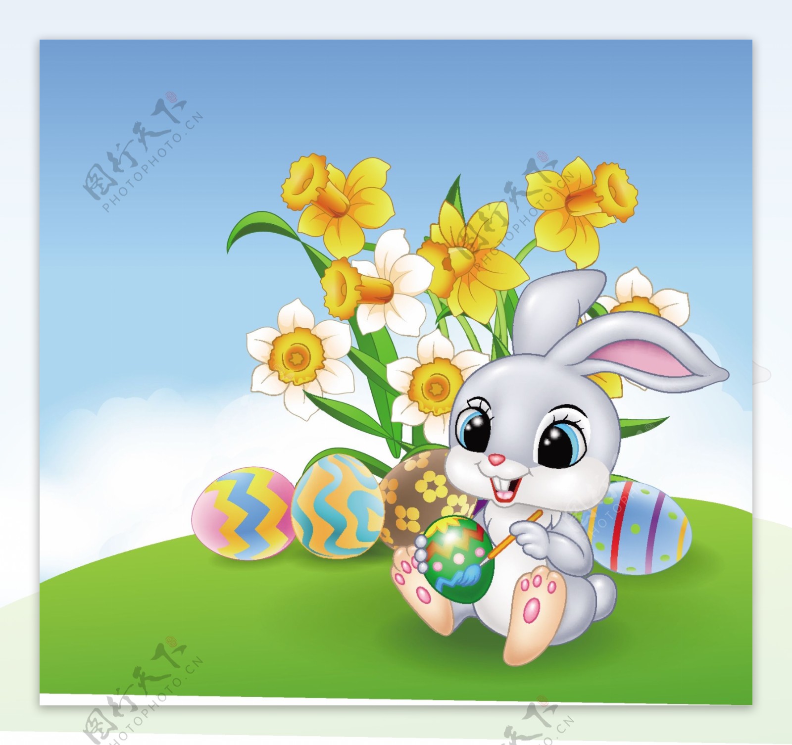 鲜花旁边一只兔子拿着彩蛋