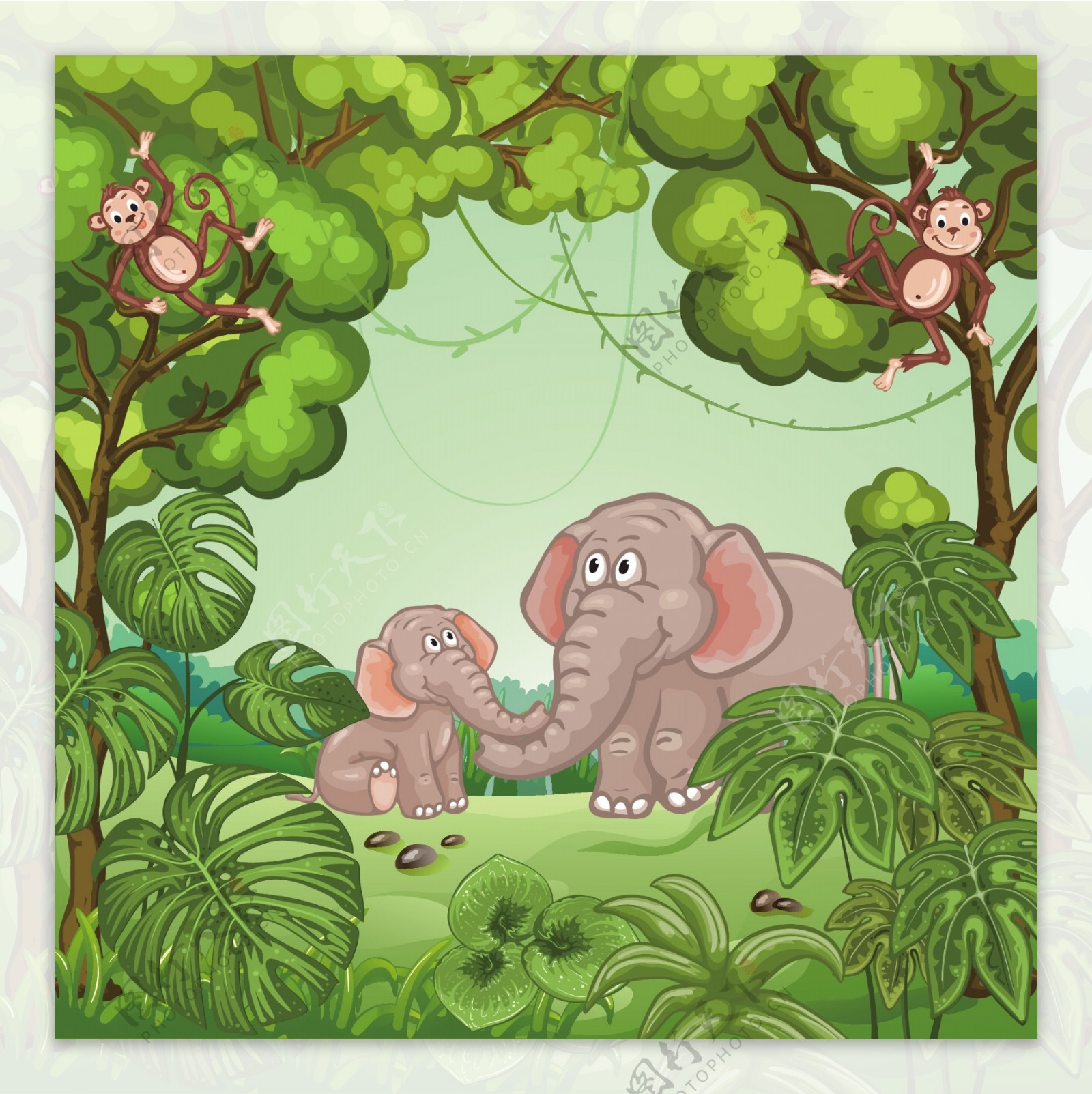 绿色森林里的动物大象猴子
