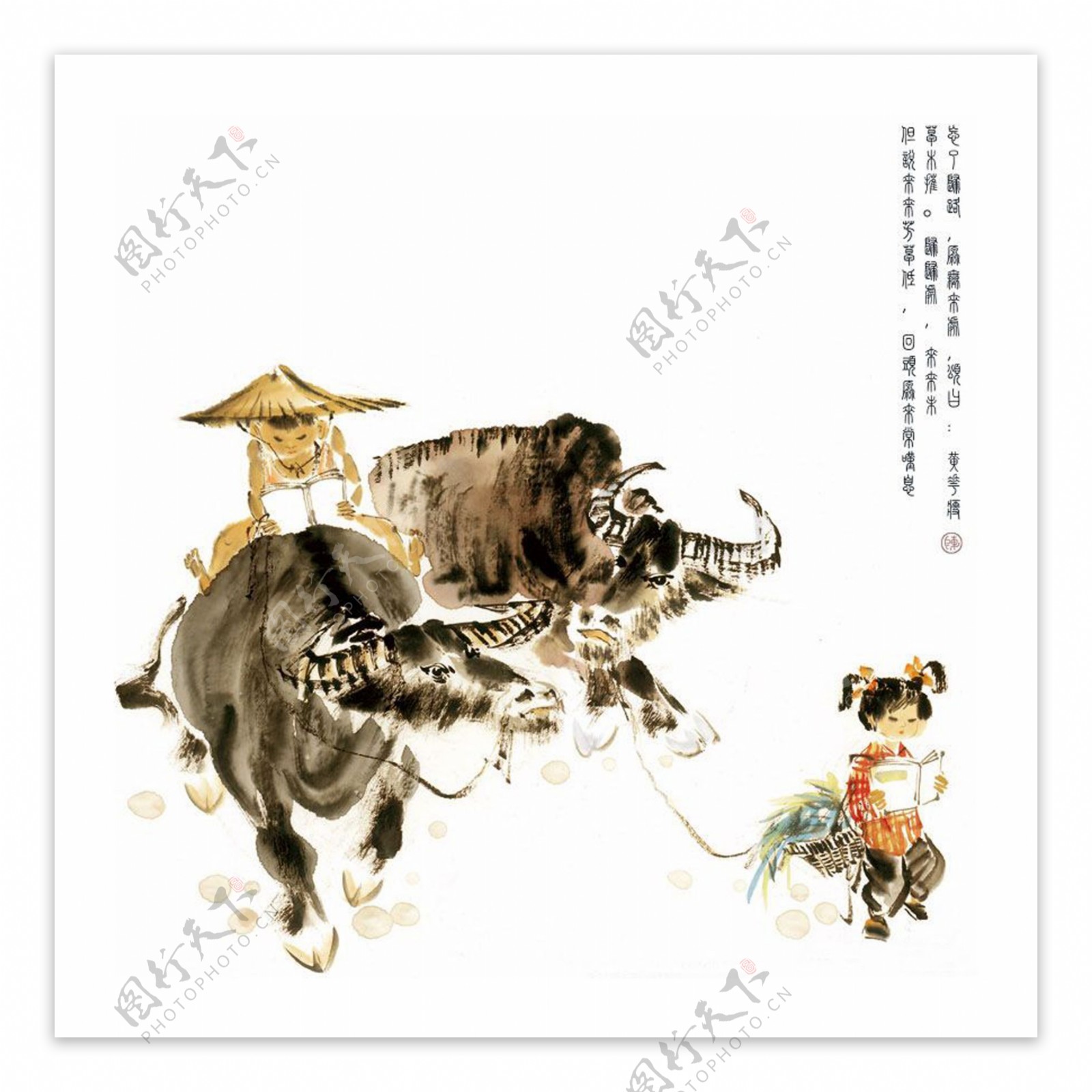 一幅古代放牛场景的中国画