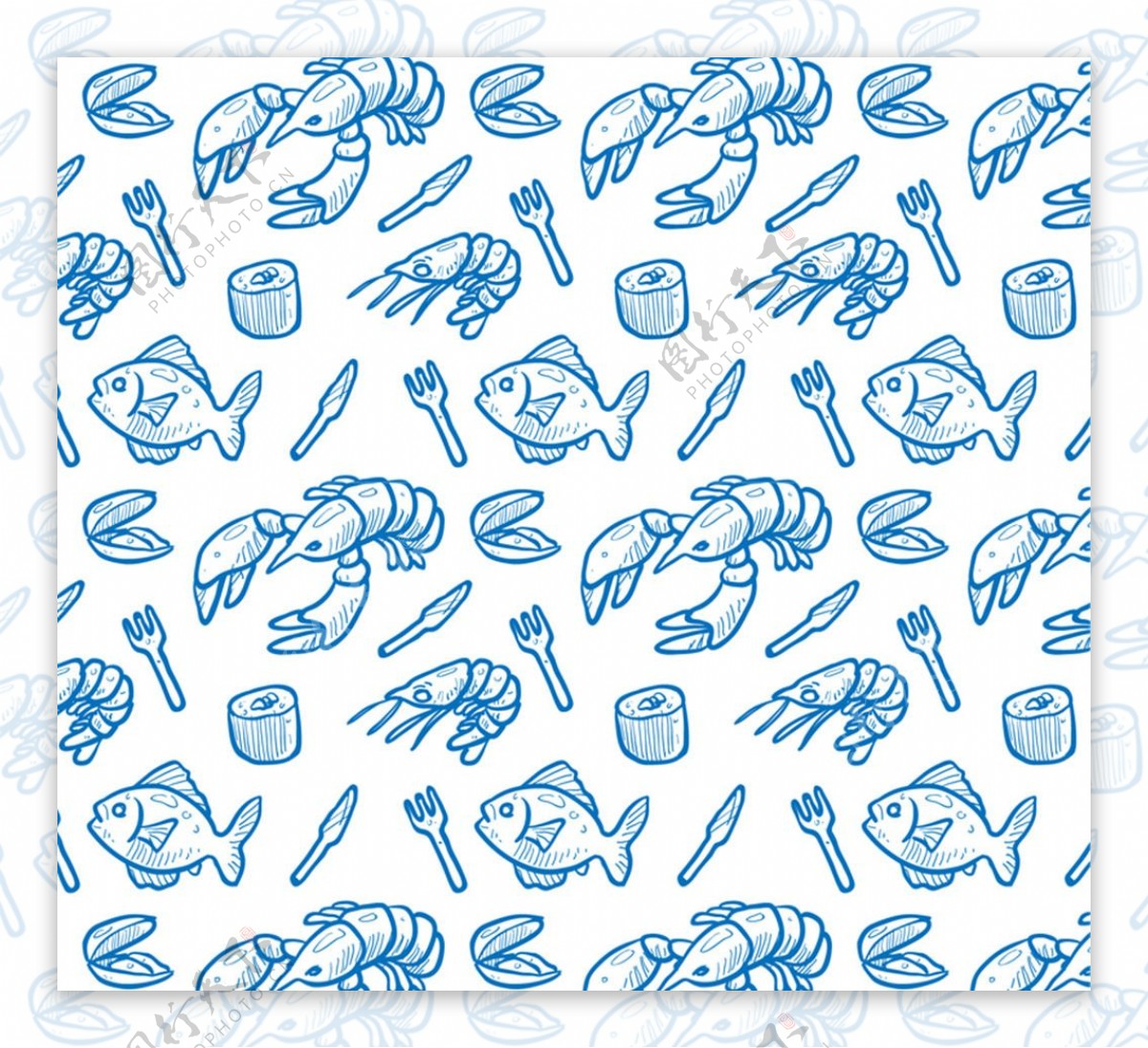蓝色海鲜食品无缝背景矢量图